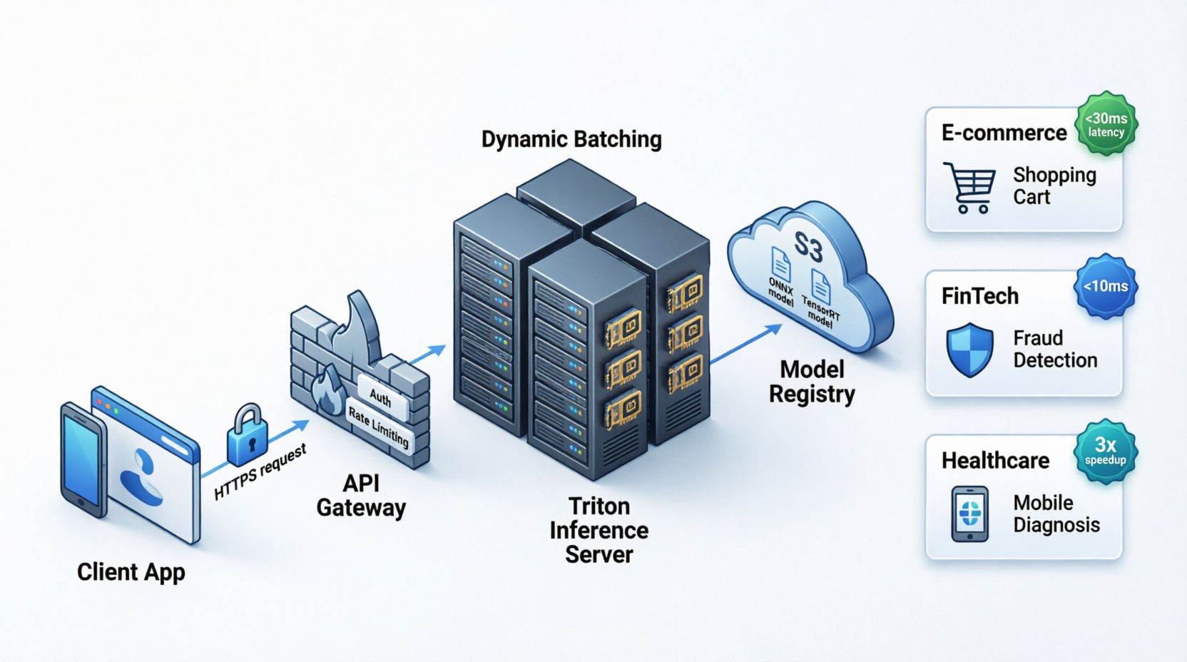 Model deployment system architecture with client app, API gateway, Triton inference server, model registry, and production endpoints